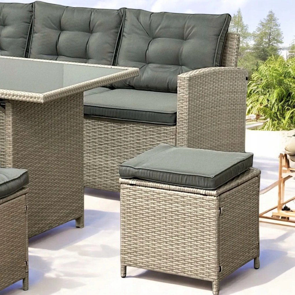 Narożnik ogrodowy ze stołem i pufami Mexico 019 jasny beż, poduszki szare