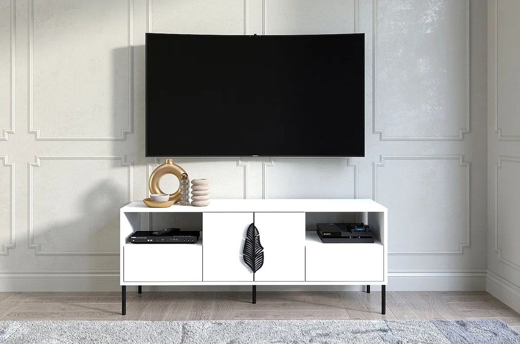 Biała komoda RTV Skandica MERLIN z czarnymi dodatkami