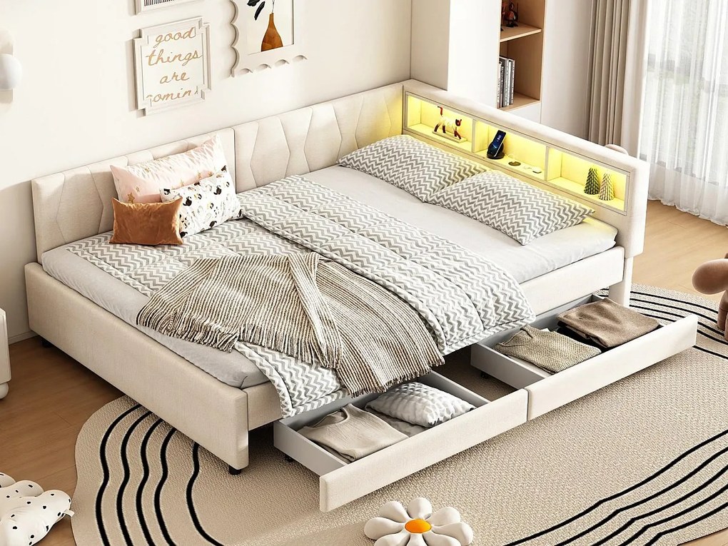 Kanapa rozkładana 140x200 cm - z 2 szufladami - z portami USB + Type C - z oświetleniem LED - beżowy (materac nie jest w zestawie)