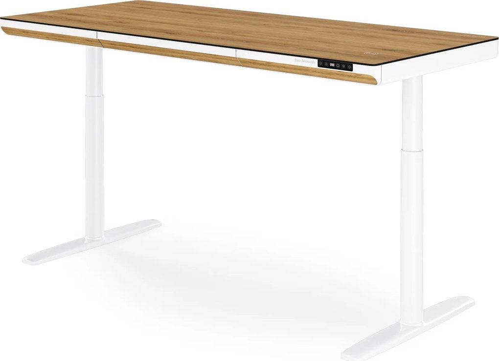Biurko elektryczne sit-stand z szufladą i ładowarką bezprzewodową Qi białe/złoty dąb, 1600 mm: ELLIS