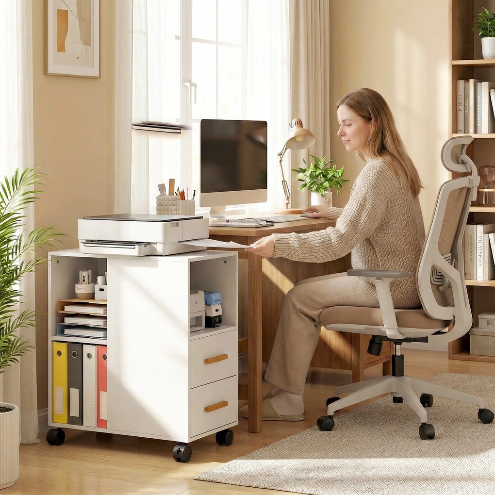 HOMCOM Stojak na drukarkę, stolik z regulowaną półką i kółkami do faksu i skanera 60 x 30 x 65 cm Biały | Aosom PL