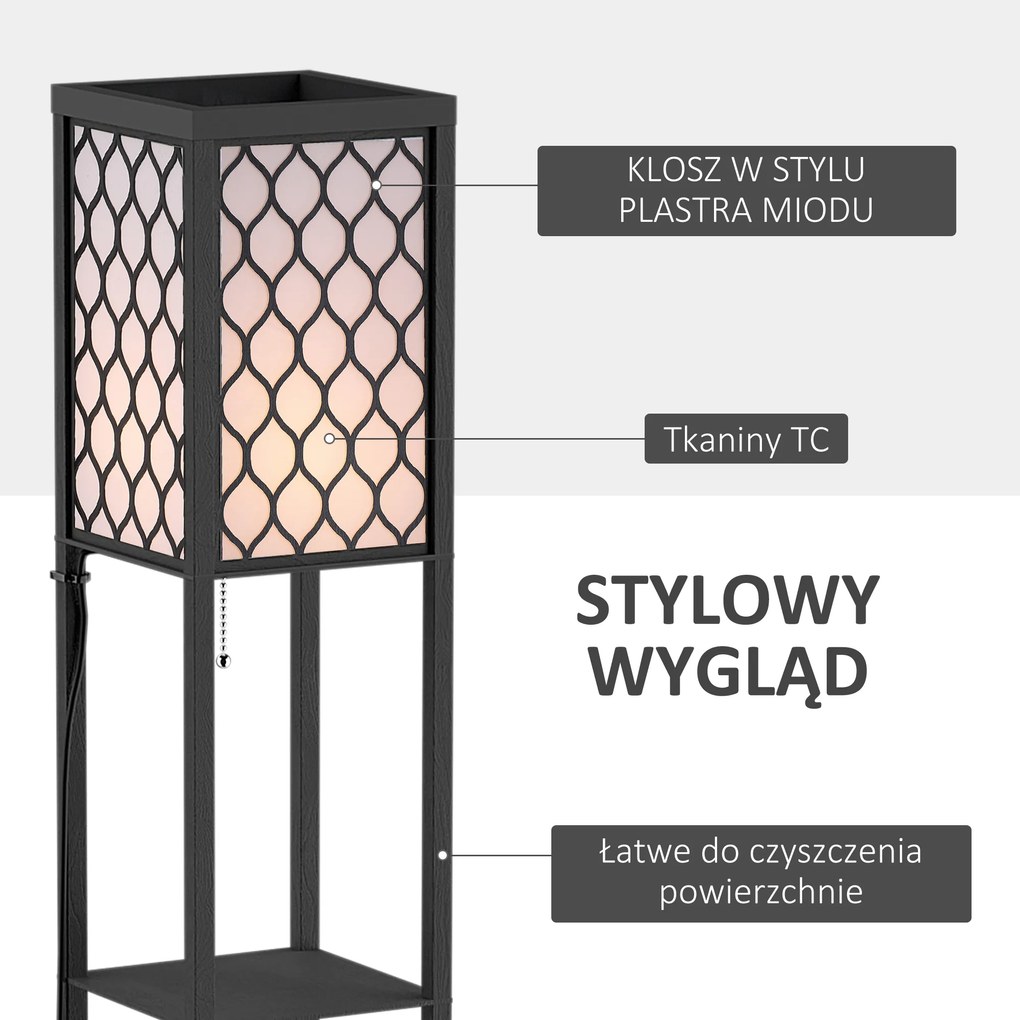 HOMCOM Lampa Stojąca z Półkami Czarna Drewniana Oświetlenie Salon E27 do 40W 26x26x160cm | Aosom PL