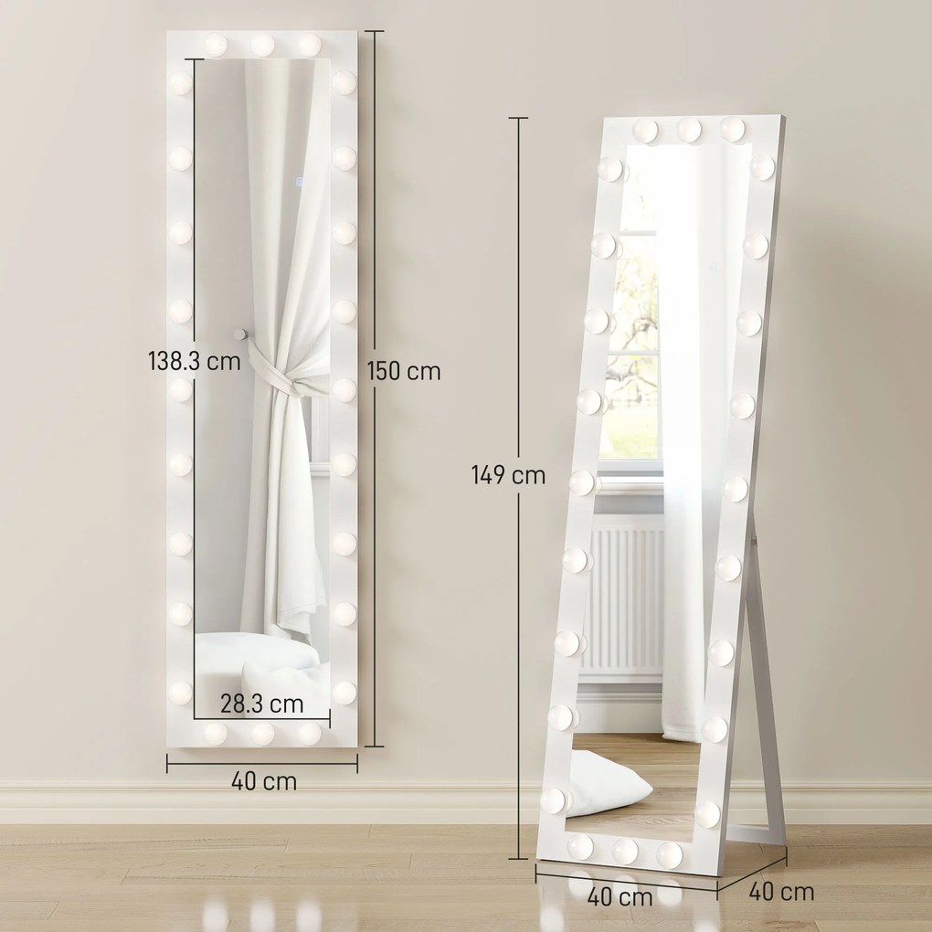 HOMCOM Lustro całopostaci 150x40 cm Lustro LED z 24 żarówkami 3 barwy światła, wolnostojące, do oparcia lub montażu na ścianie Biały | Aosom PL