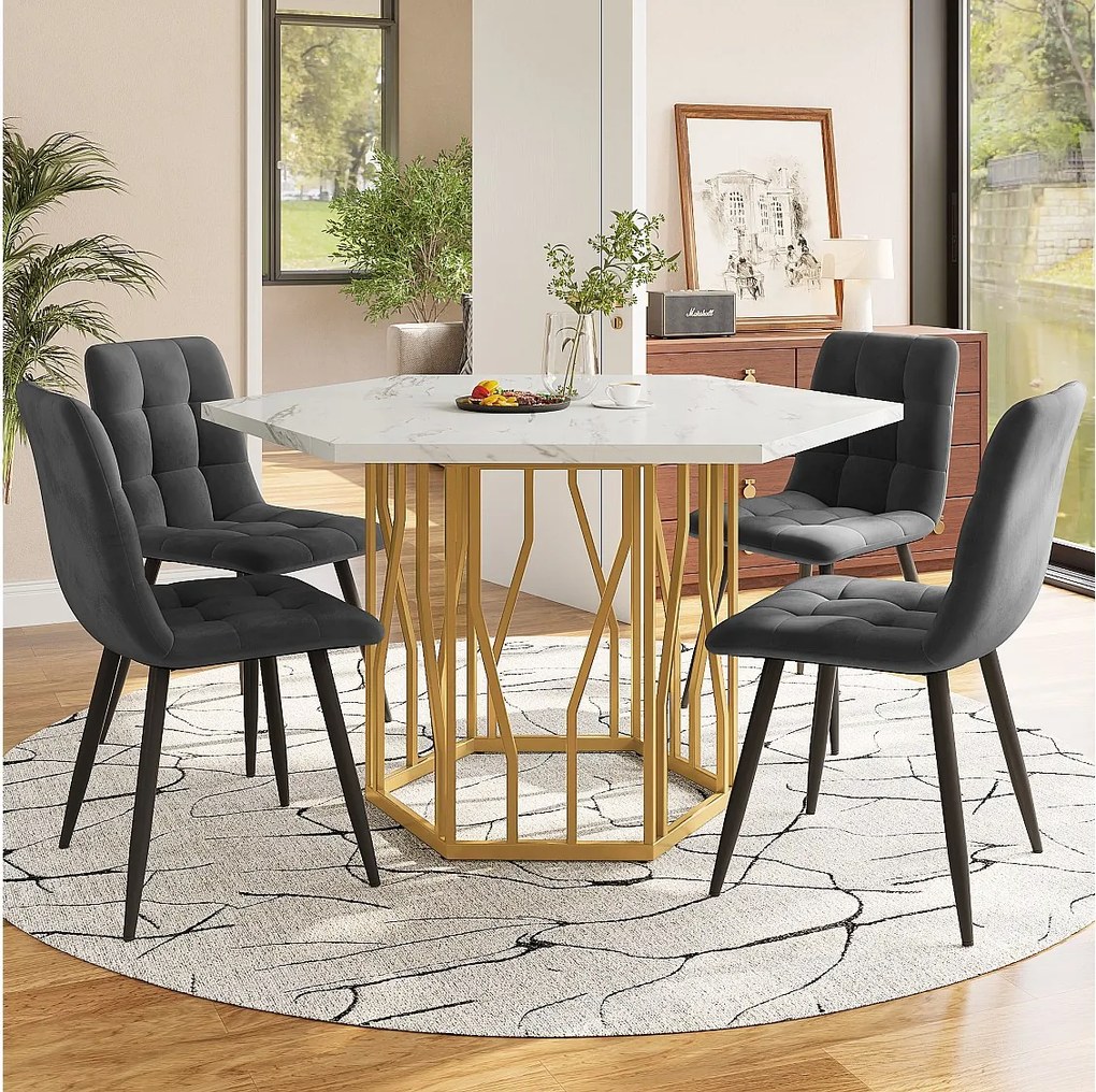 Zestaw stół i krzesła do jadalni - 115,5 x 100 x 75 cm - 1 stół sześciokątny ze złotymi nogami + 4 krzesła - MDF + Stal - złoty + szary