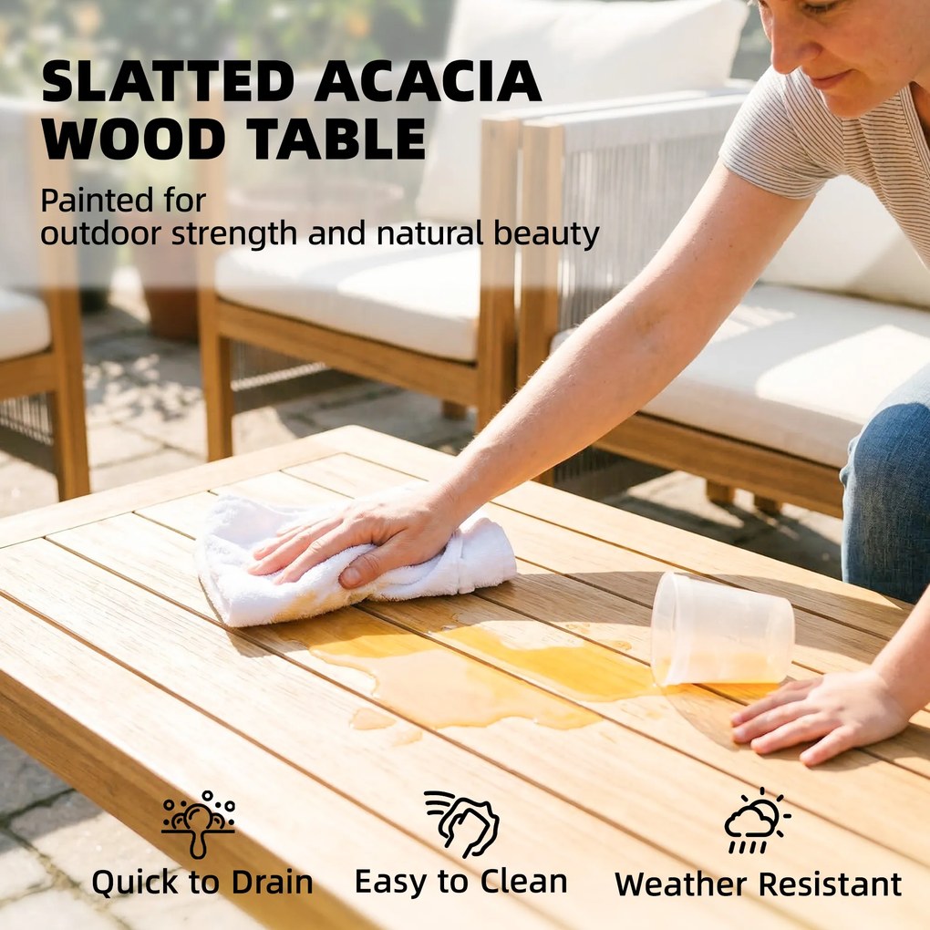 Outsunny Zestaw mebli ogrodowych z drewna dla 4 osób – kanapa, 2 fotele, stolik, dekoracja z lin, lamelowe wykończenie, zdejmowane poduszki | Aosom PL