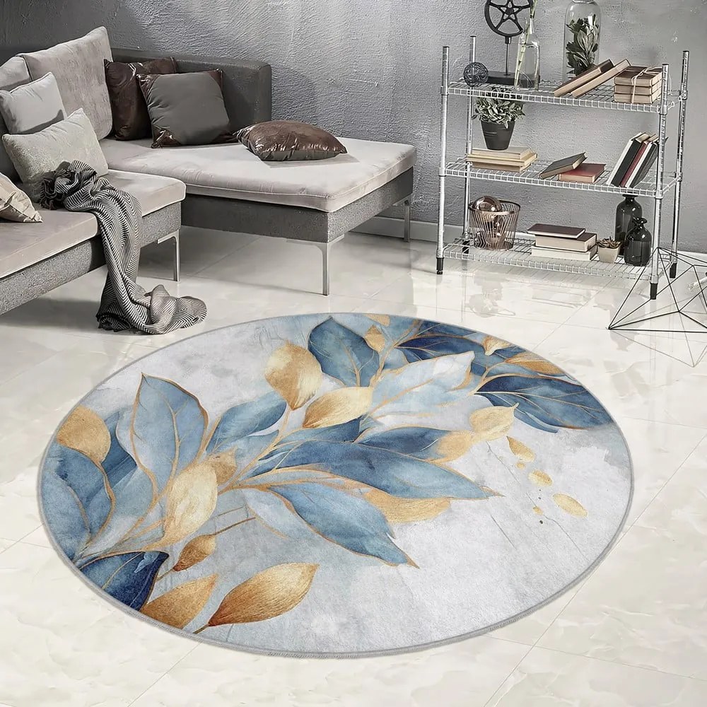 Okrągły dywan w niebiesko-złotym kolorze odpowiedni do prania ø 120 cm Golden Leaves – Mila Home