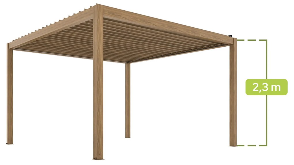 PERGOLA OGRODOWA ELEKTRYCZNA LUXE 4x4x2.3M ALUMINIOWA Z OŚWIETLENIEM LED W KOLORZE DREWNA