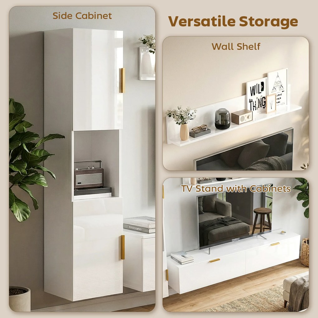 HOMCOM Wiszące RTV z uchylnymi drzwiczkami Centrum rozrywki półka ścienna szafka 180 cm biały wysoki połysk | Aosom PL
