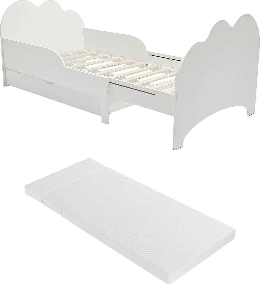Łóżko rozsuwane 90 x 140/170/200 cm z szufladą – Sosna i MDF – Białe + Materac – TEONIA