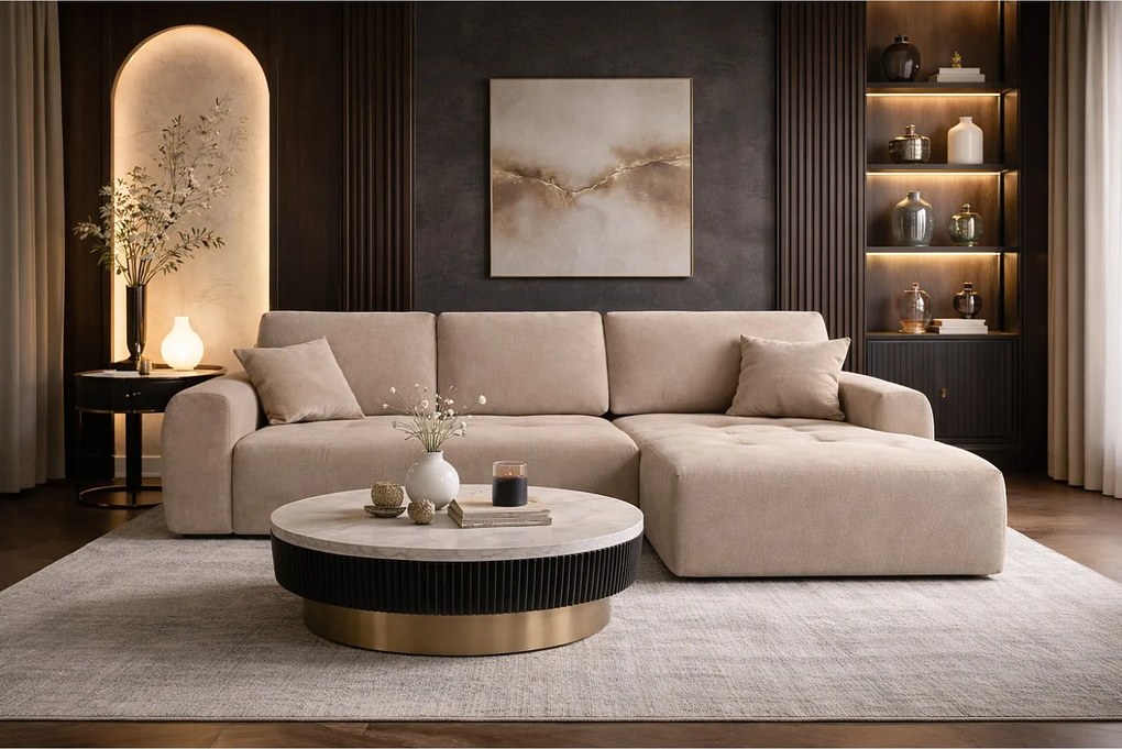 Narożnik w kształcie L z funkcją spania i pojemnikiem Ivo XL, tkanina welurowa Salvador, Beżowy, Prawy