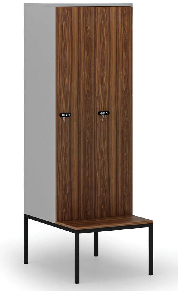 Drewniana szafa ubraniowa z ławką, 2-drzwiowa, 1871 x 600 x 500/800 mm, demontaż, zamek mechaniczny z kodem, szary/orzech