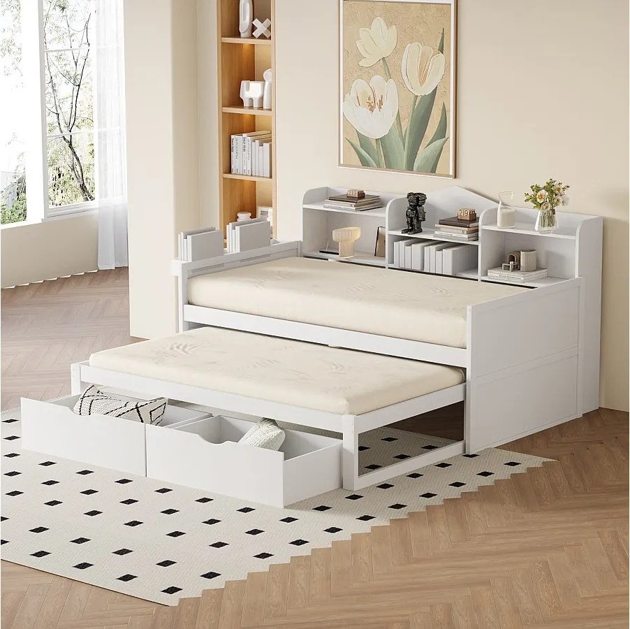 Łóżko z pojemnikiem 90x200 cm - z 2 szufladami, schowkiem, USB - drewniane - białe