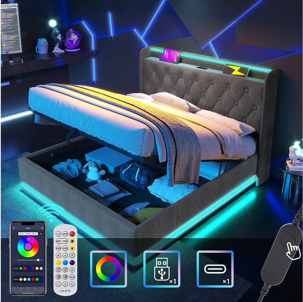 Łóżko z pojemnikiem 180 x 200 cm i zagłówkiem - Gniazda USB i LED - Tkanina lniana - Wzór guzików - Szary (bez materaca)
