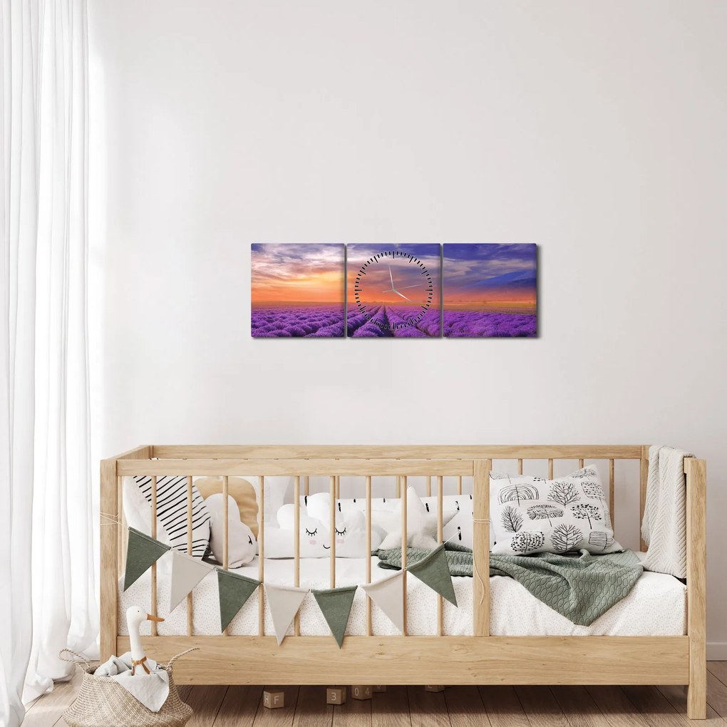 Obraz lawendowego pola (z zegarem) (90x30 cm)