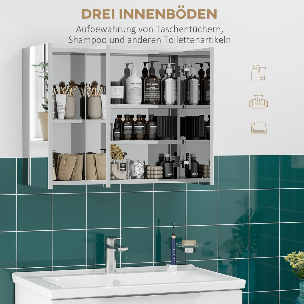 kleankin Szafka z lustrem, szafka łazienkowa, 3 drzwi lustrzane, 5 półek wewnętrznych, stal nierdzewna, Kolor: Srebrny, 70 x 12 x 55 cm