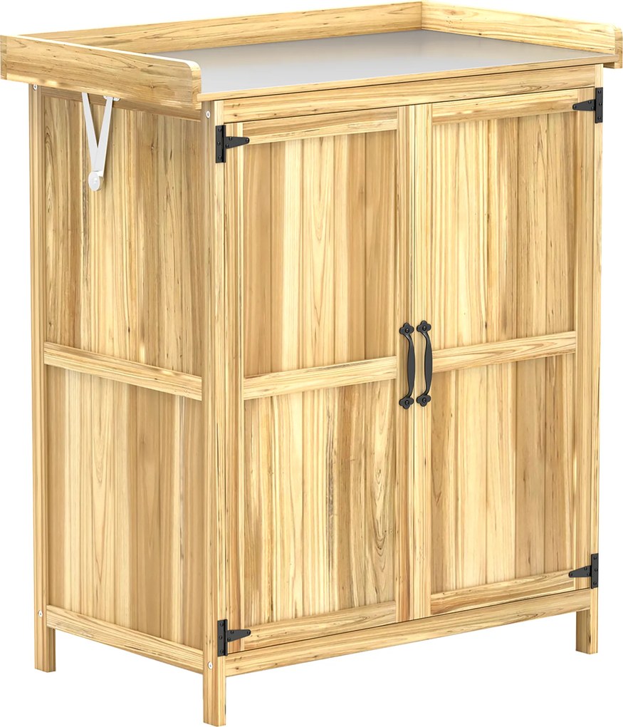 Outsunny Szafka Ogrodowa, Szafka na Narzędzia do Zewnętrznego Użytku, z Powierzchnią Pracy, Drewno i Stal Nierdzewna, Podwójne Drzwi, Drewno Naturalne