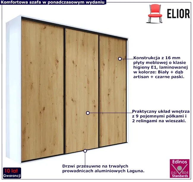 Szafa przesuwna biel + dąb artisan + czarne paski Dexa
