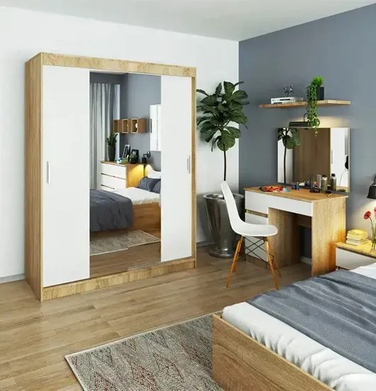 Skandynawska szafa z lustrem dąb sonoma + biały R0-D96