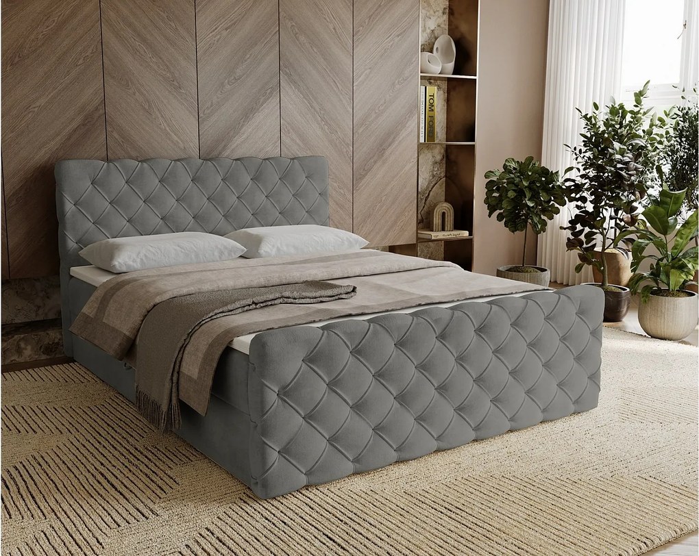 Emporius Portofino łóżko kontynentalne 160x200 - łóżko małżeńskie z nakładką na materac, materac H3 - tkanina aksamitna, szary (Elegance 19)