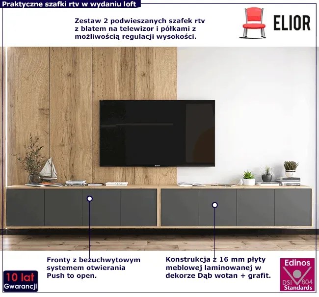 Zestaw wiszących szafek rtv dąb wotan + grafit - Avila 13X