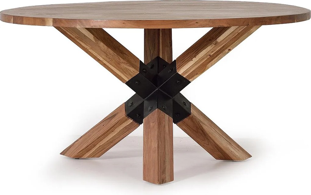 Stół żłobkowy z naturalnego drewna akacjowego i czarnymi metalowymi nogami