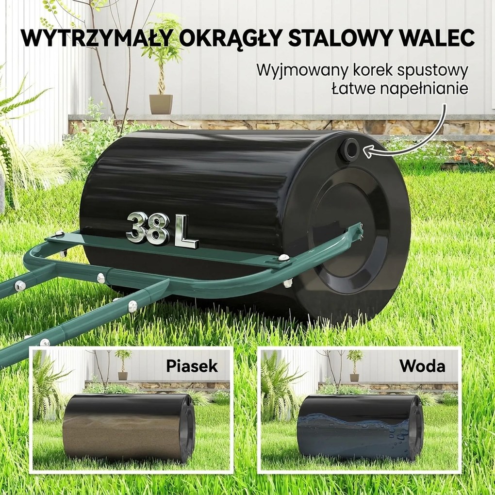 Outsunny Poręczny wał do trawnika, praktyczny wał do trawy, wał ogrodowy, elastyczny, stalowy, 58 dł. x 32,5 szer. x 113 wys. cm, ciemnozielony | Aosom PL