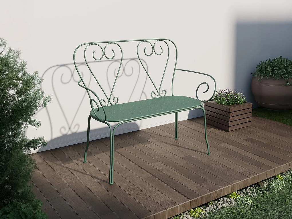Ławka ogrodowa z metalu w stylu kutego żelaza – kolor zielony migdałowy GUERMANTES