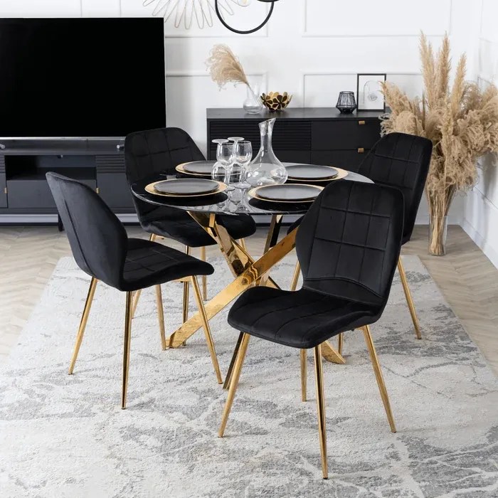 Stół Okrągły Szklany BALI 100 cm Czarny Marmur/Złoty Glamour