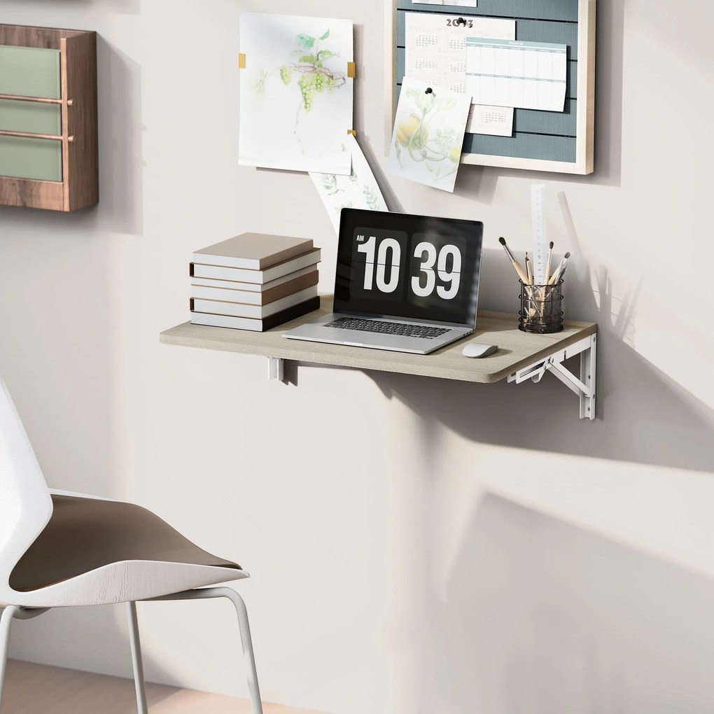 HOMCOM Składane biurko ścienne, 60x40 cm, oszczędzające miejsce wiszące biurko z zaokrąglonymi narożnikami, do home office, salonu, sypialni, kuchni, dąb