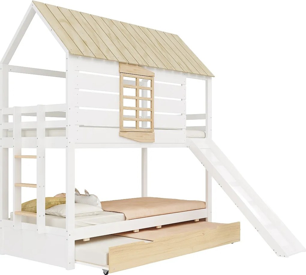 Łóżko piętrowe w kształcie domku - 2 x 90 x 200 cm - ze zjeżdżalnią + łóżko wysuwane 90 x 190 cm - MDF + drewno - kolor biały i naturalny