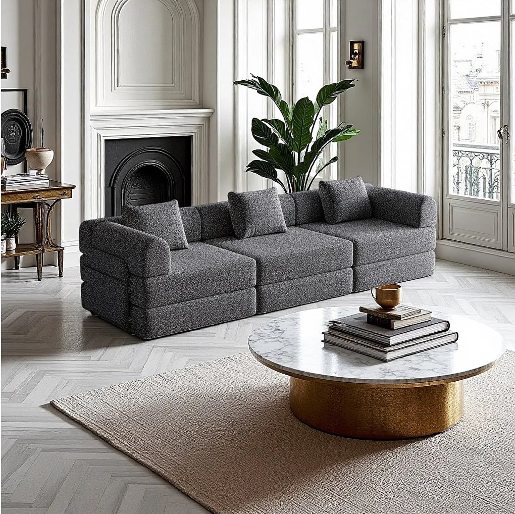 Sofa 3-osobowa, Sofa rozkładana z podłokietnikami i kieszeniami bocznymi, metalowa rama - Szary szenil