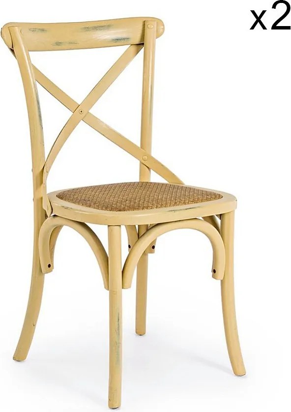 Zestaw 2 krzeseł z drewna wiązowego w kolorze ochry i naturalnego rattanu - CROSS