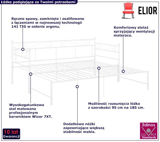 Białe metalowe łóżko rozkładane 90x200 cm - Rego