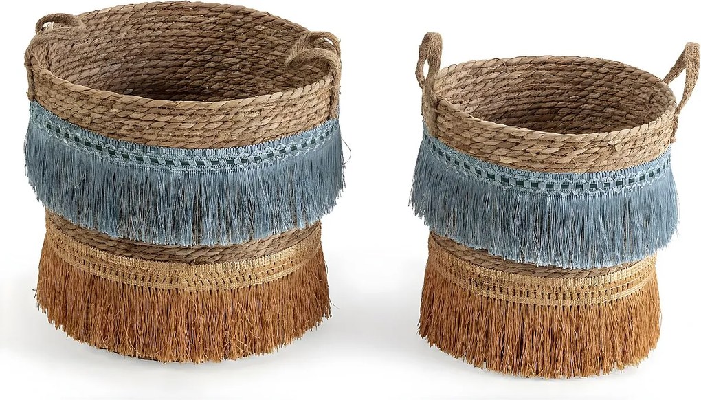 Zestaw dwóch koszyków Indie z naturalnego włókna, niebiesko-pomarańczowy.