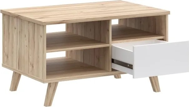 Stolik do salonu z półkami i szufladą Vankka 5218, kolor dąb/biały