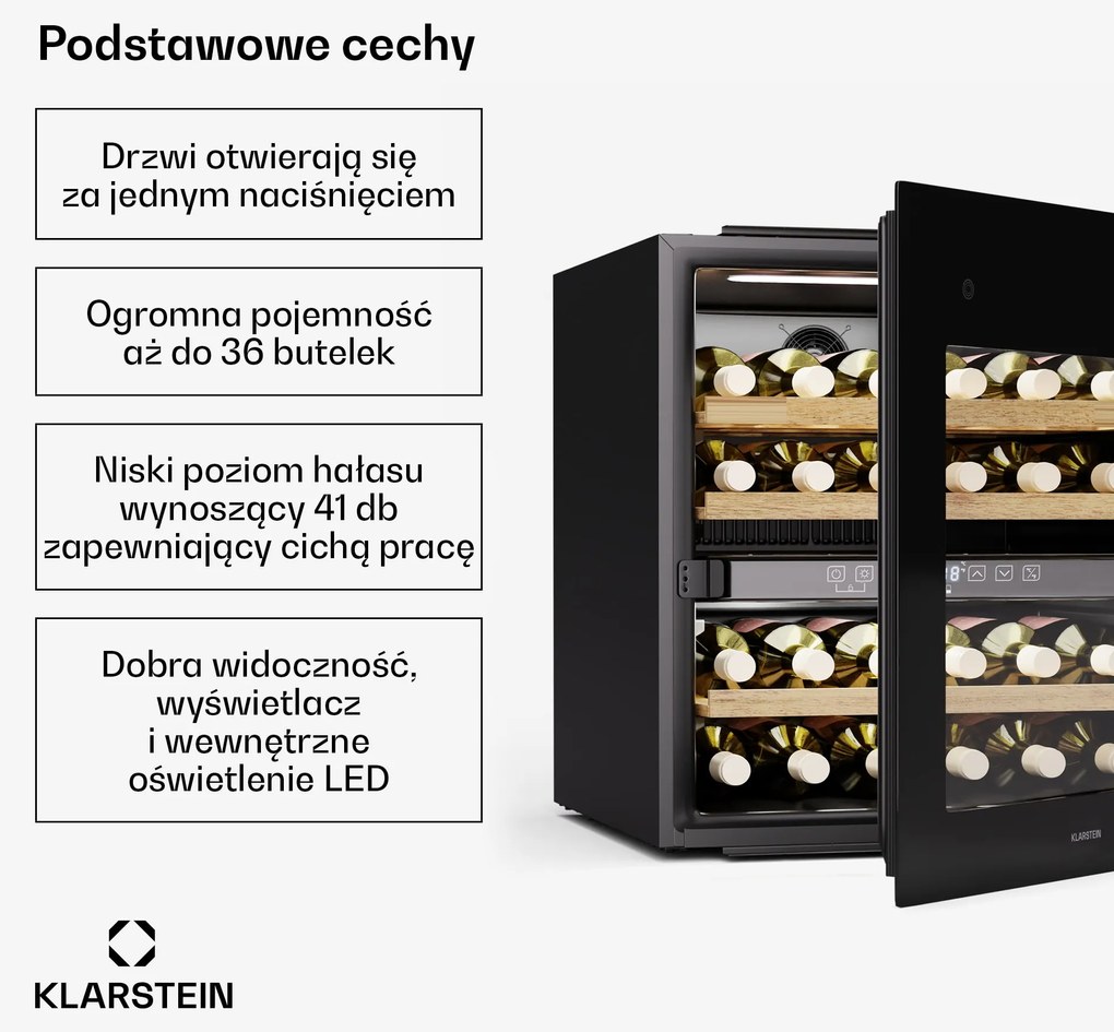 Klarstein Rhone 59cm 36 Butelek Winiarka do Zabudowy Dwustrefowa Czarny