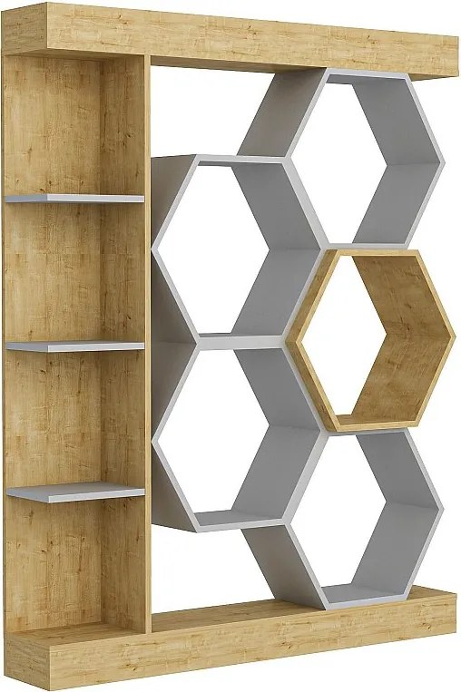 Nowoczesny regał w kolorze białym i dębowym, 140 x 29,6 x 177,4 cm | Płyta wiórowa pokryta melaminą, grubość 18 mm | Stylowe miejsce do prze