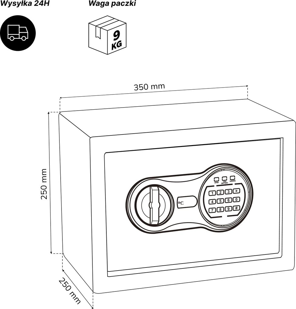 Mały sejf domowy, elektroniczny zamek na kod, na pieniądze i dokumenty, 350x250x250 mm: DORIAN