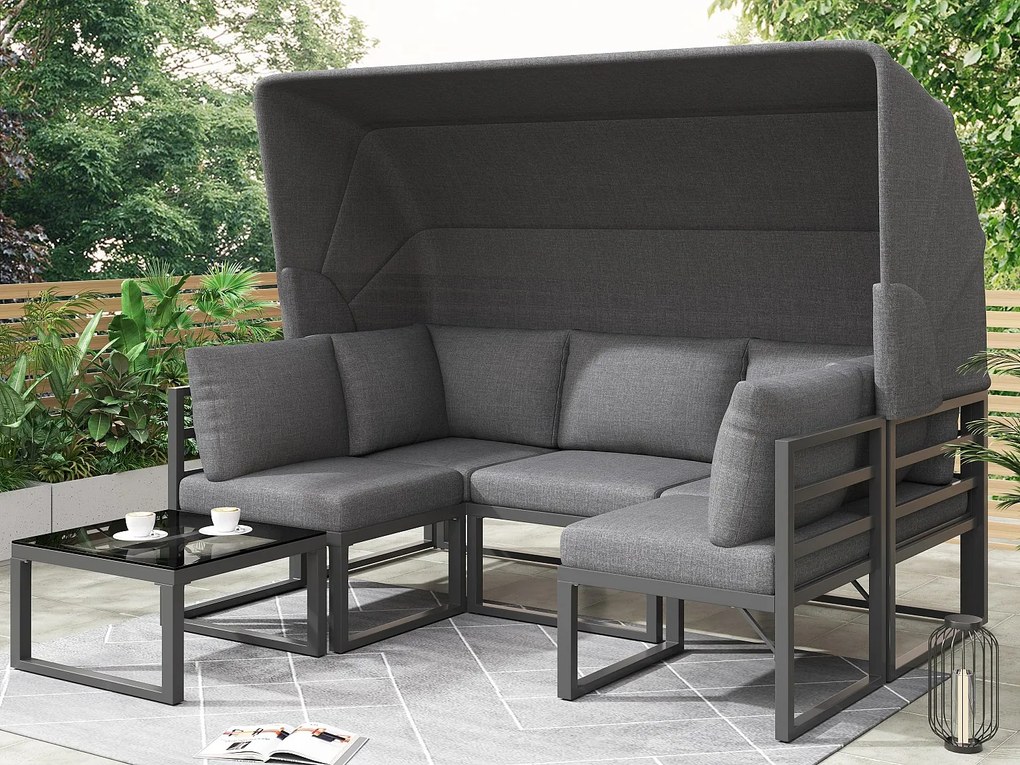 Wielofunkcyjny zestaw mebli ogrodowych z żelaza - Sofa lounge z regulowanym daszkiem - 5 miejsc siedzących i 1 stolik kawowy - Szary