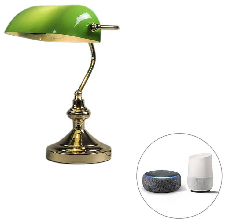 Inteligentna lampa stołowa mosiądz z zielonym szkłem w tym WiFi P45 - Banker Retro Oswietlenie wewnetrzne
