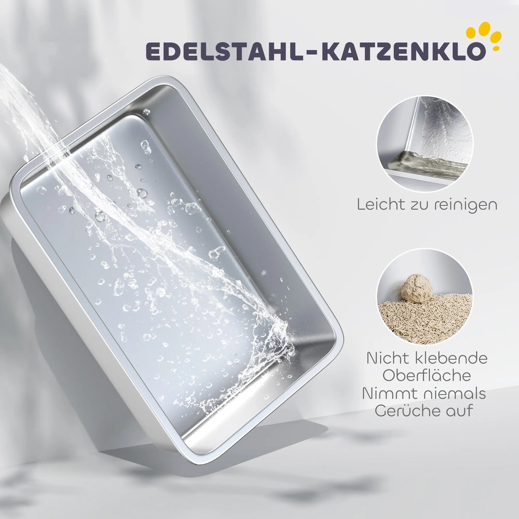 PawHut Kuweta ze stali nierdzewnej – otwarta kuweta z łopatką, wysokim brzegiem i matą dla kotów do 7 kg, 60,2 x 40,2 x 29,5 cm, Szary | Aosom PL