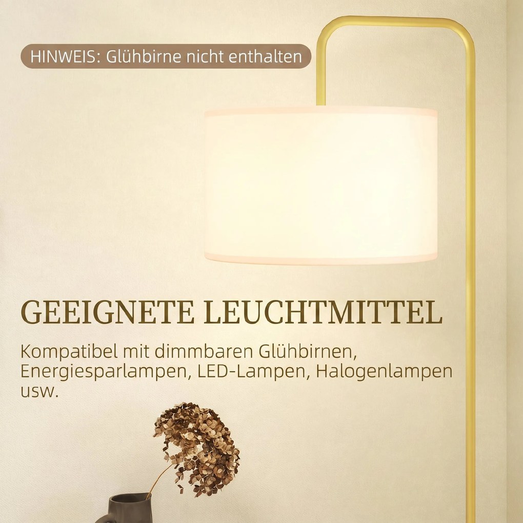 HOMCOM Lampa stojąca z włącznikiem nożnym, lampa podłogowa z materiałowym abażurem, stal, złota | Aosom PL
