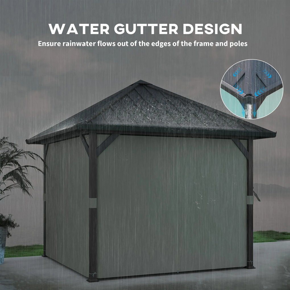 Outsunny 3 x 3 m Pawilon z Twardym Dachem, Ogrodowy Pawilon z Metalowym Dachem, Wodoodporne Namiot Ogrodowe z Siatką i Bocznymi Ścianami, Ciemnoszary