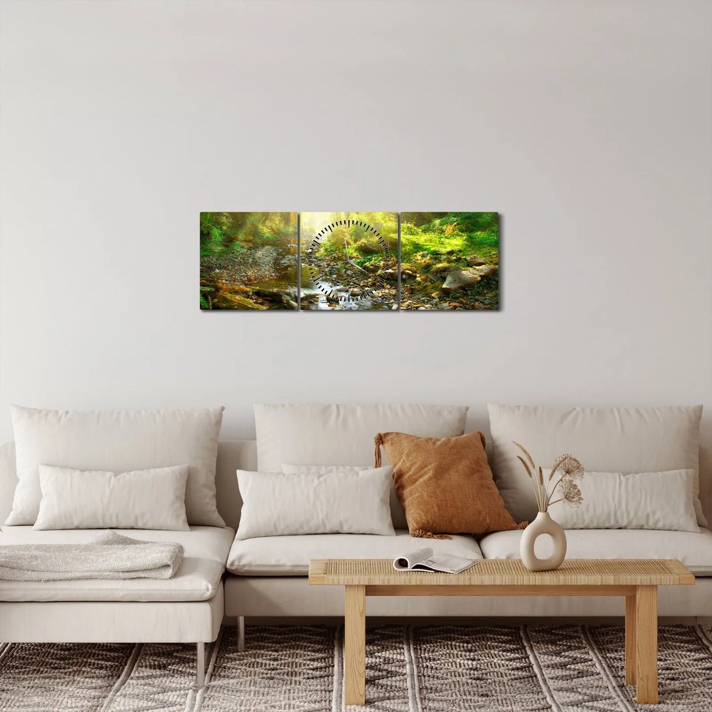 Obraz rzeki w zielonym lesie (z zegarem) (90x30 cm)