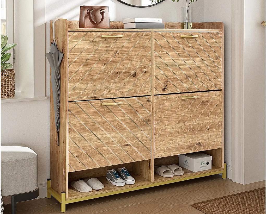 Nowoczesna szafa na buty 108.5×24×100 cm - z 4 drzwiami - MDF - naturalny