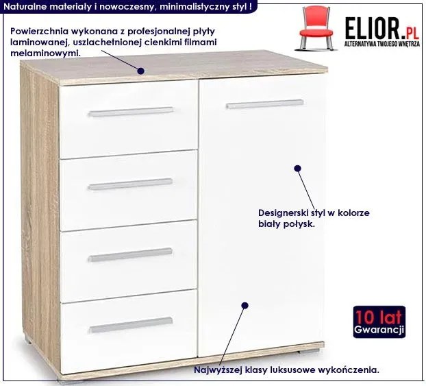 Komoda Kaloe C5 - biała + dąb sonoma mat