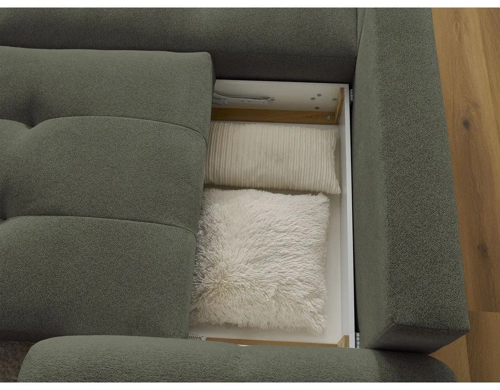 Rozkładany narożnik z tkaniny szenilowej ze schowkiem (lewostronny/z szezlongiem) w kolorze khaki Roxelane – Bobochic Paris
