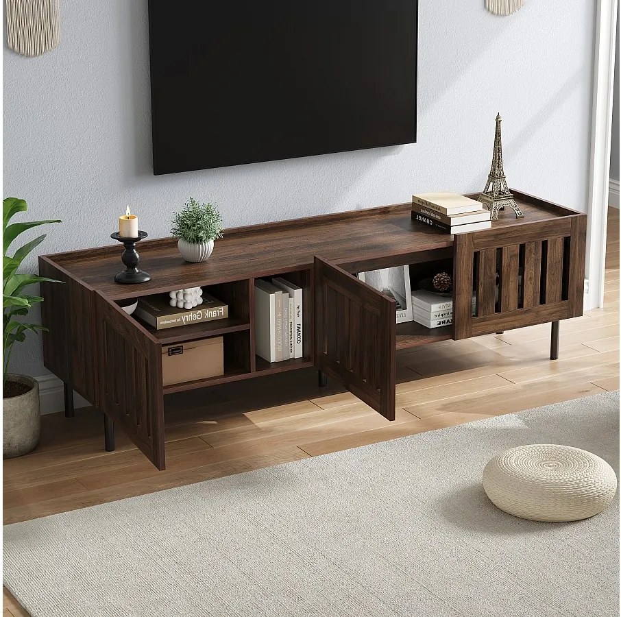 Minimalistyczna niska szafka RTV - 160 x 40 x 47 cm - z ażurową konstrukcją + 3 drzwi - do telewizorów 65 cali - MDF - brązowa