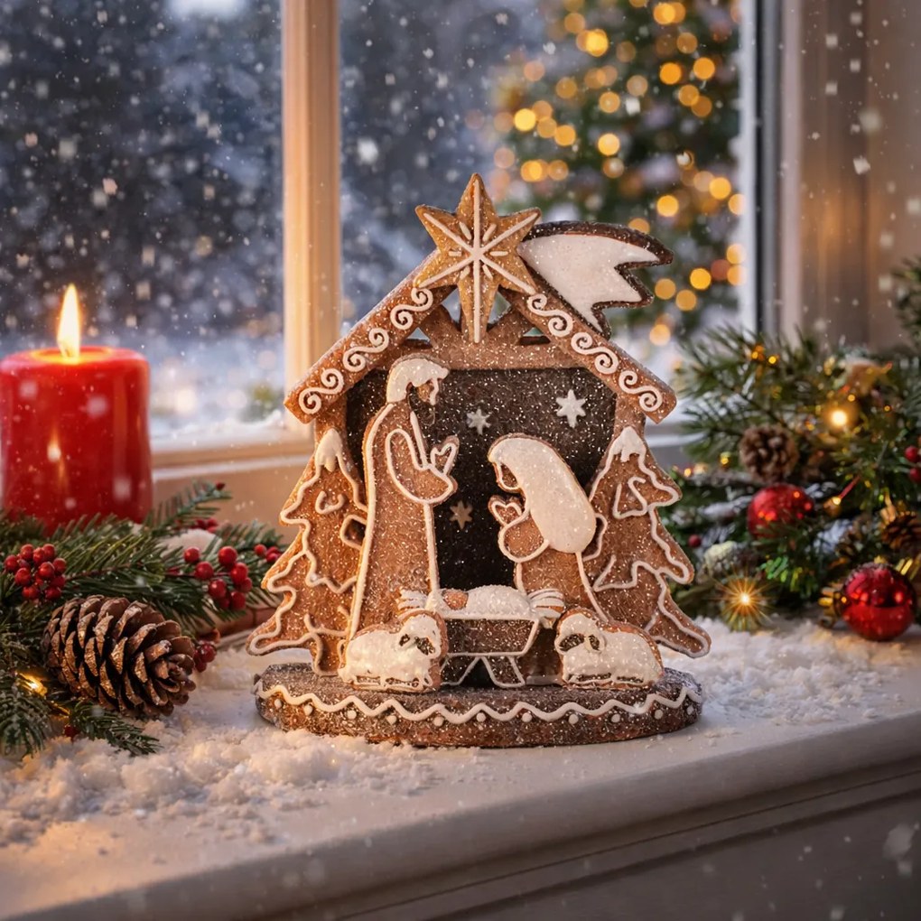 Dekoracja świąteczna Szopka piernikowa, poliresin, LED, brązowy