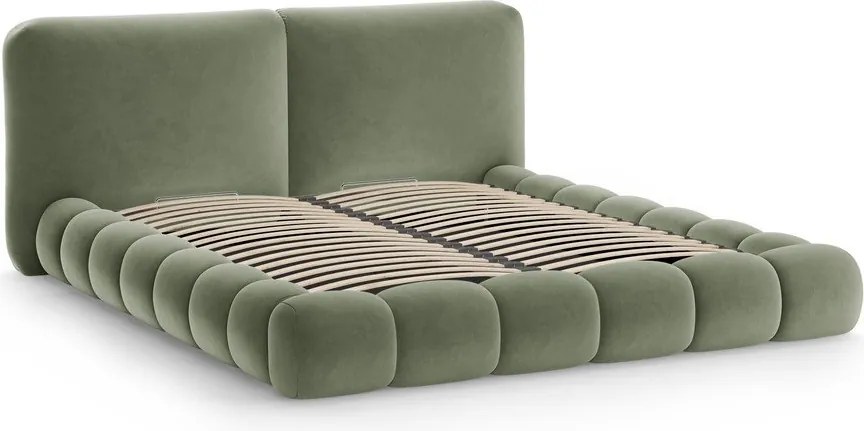 Zielone tapicerowane łóżko dwuosobowe ze schowkiem i stelażem 200x200 cm Solange – Micadoni